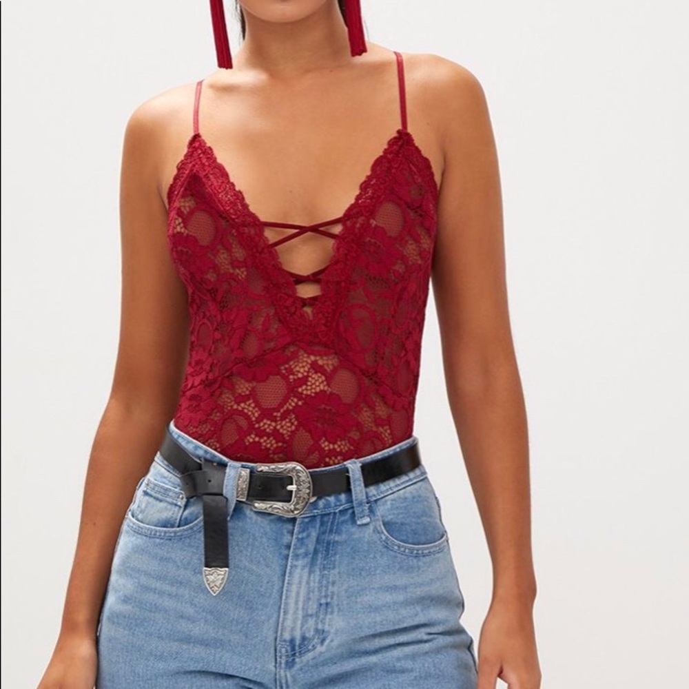 Wine lace up front lace bodysuit